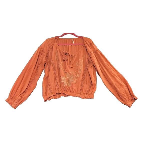FREE PEOPLE XS MARIA MARIA EMBROIDERED & CROCHET‎ TOP RUST BALLOON SLEEVES BOHO - Picture 1 of 11